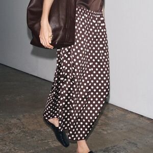NWT Zara Polka Dot Midi Skirt In Burgundy - S